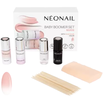 Neonail Baby Boomer набор: база персикового цвета, 7,2 мл + декоративный гель, 7,2 мл + спонжи для омбре + гибридный топ-лак, 7,2 мл + резинка для защиты кутикулы, 7,2 мл + деревянные палочки