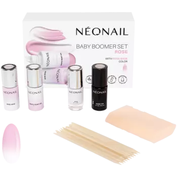 Neonail Baby Boomer набор: база в розовом цвете, 7,2 мл + гель для декорирования, 7,2 мл + спонжи для омбре + топ для гибридных лаков, 7,2 мл + защитная резинка для кутикулы, 7,2 мл + деревянные палочки