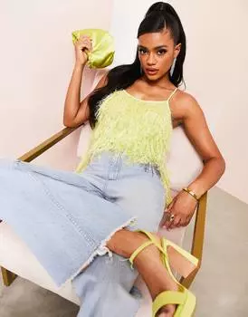 Неоново-салатовый боди с низкой спинкой и низкой спинкой с перьями ASOS LUXE