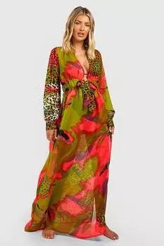 Неоновый пляжный кафтан Tie Dye Animal Maxi boohoo, зеленый