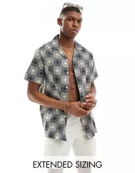Непринужденная льняная рубашка ASOS DESIGN Revere с темно-синим принтом в виде гео-плитки