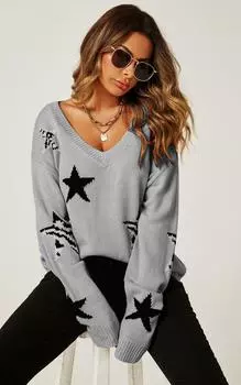 Непринужденный серый джемпер из мягкого серого джемпера с V-образным вырезом и анималистичным узором в виде звезд FS Collection, серый