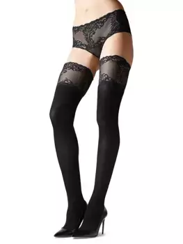 Непрозрачные чулки до бедра с кружевными перьями Natori, черный