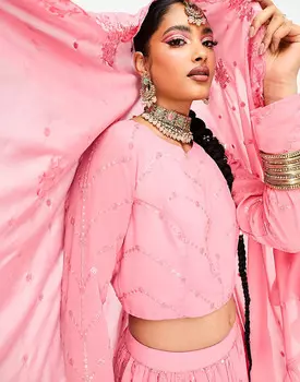 Nesavaali – Укороченный топ в стиле лехенга с длинными рукавами, пудрово-розовый, с вышивкой