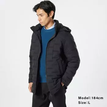 Нестеганое пуховое полупальто с капюшоном Мужское PLST, черный