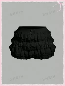 Neu Белые летние шорты Balletcore Sweet Bow Kawaii Сетчатые контрастные кружевные шорты с рюшами Летние шорты Летняя женская одежда Симпатичные шорты Shein, черный