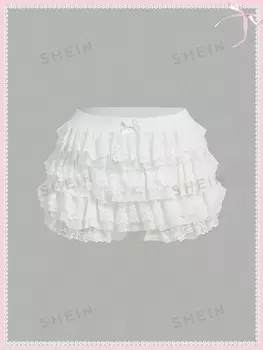 Neu Летние женские кокетки для балета с милым бантом Kawaii сетчатая контрастная кружевная отделка с рюшами с низкой талией микро мини-шорты для лета, пляжного отдыха Shein, белый