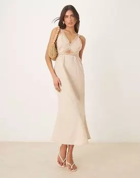 Never Fully Dressed - Mimi - светло-бежевое льняное платье миди с декоративным вырезом