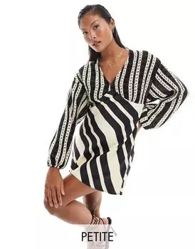 Never Fully Dressed Petite мини-платье в черно-белую полоску с верхом, связанным крючком