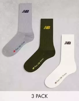 New Balance NB Place Like Home, 3 пары носков белого, серого и хаки цвета