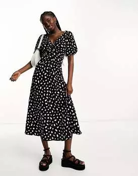 New Look – Черное платье миди в крапинку с рукавами-фонариками