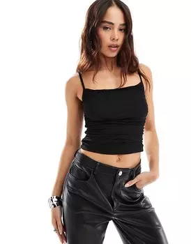 New Look – черный сетчатый топ со сборками на тонких бретелях