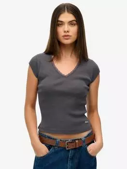 Незаменимый топ с v-образным вырезом и коротким рукавом с кружевной отделкой Superdry, цвет Dark Slate Grey