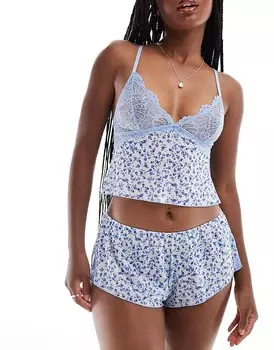 Нежная синяя пижама из сетки и кружева с цветочным принтом ASOS DESIGN и майка на бретелях