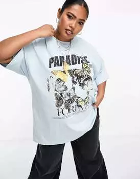 Нежно-голубая футболка оверсайз с изображением бабочки ASOS DESIGN Curve