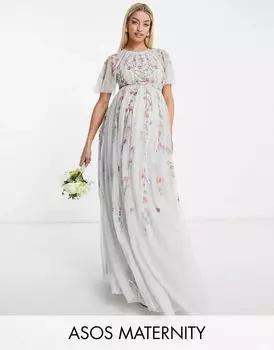 Нежно-голубое платье макси с цветочной вышивкой и отделкой ASOS DESIGN Maternity Bridesmaid