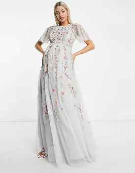 Нежно-голубое платье макси с цветочной вышивкой и отделкой ASOS DESIGN Maternity Bridesmaid