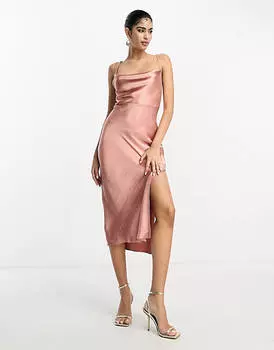 Нежно-розовое платье-комбинация миди на бретельках ASOS DESIGN Bridesmaid из блестящего атласа со шнуровкой на спине