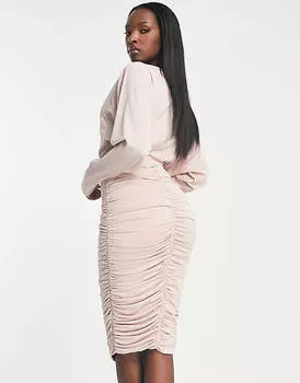 Нежно-розовое платье миди со сборками и крыльями летучей мыши AX Paris