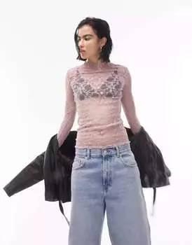 Нежно-розовый кружевной топ с длинными рукавами Topshop