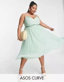 Нежно-зеленое платье миди со складками и кулиской на талии ASOS DESIGN Curve
