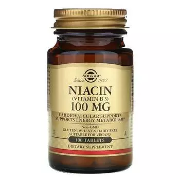 Ниацин (витамин B3), 100 мг, 100 таблеток, Solgar