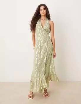 Никогда не полностью одетый металлик макси платье с халтер-воротником в цвете шалфей Never Fully Dressed