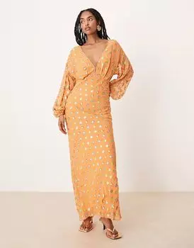 Никогда не полностью одетый металлик золотого цвета мидакси платье в горошек кораллового цвета Never Fully Dressed