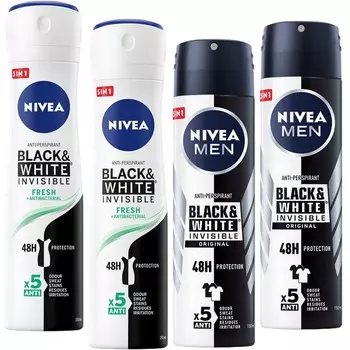 Nivea, Black & White, смесь антиперспирантов, 4x250 мл