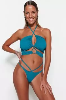 Низ бикини с высокими штанинами в рубчик бензинового цвета Trendyol, синий