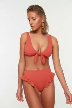 Низ бикини с завышенной талией и оборками цвета корицы Trendyol, коричневый