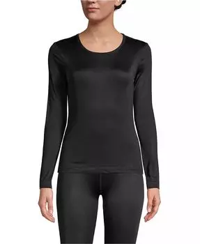 Нижнее белье Petite Silk Interlock с длинными рукавами и круглым вырезом Lands' End, черный