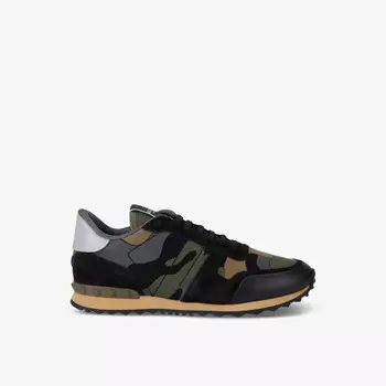 Низкие кроссовки Rockrunner из кожи и сетки с камуфляжным узором Valentino Garavani, зеленый