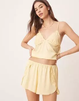Ночная рубашка Abercrombie & Fitch с отделкой из атласного кружева, с короткими рукавами, желтого цвета