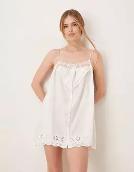 Ночная рубашка ASOS DESIGN mini с вышивкой по краю и завязкой-лентой цвета слоновой кости