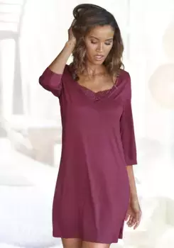 Ночная рубашка LASCANA с кружевной отделкой и рукавами средней длины, бордовый