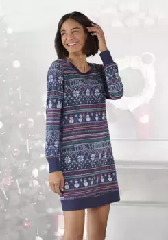 Ночная рубашка LASCANA с зимним принтом, синий