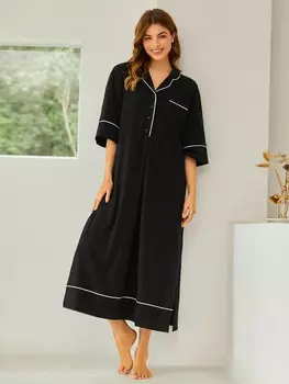 Ночная рубашка Unity, верхняя половина пуговиц, контрастная окантовка Shein, черный