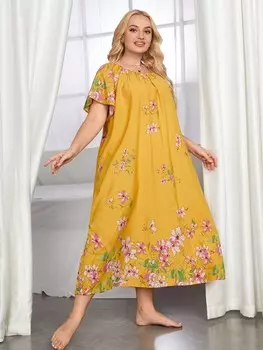 Ночное платье Unity Plus, рукава с рюшами, цветочный узор Shein, желтый