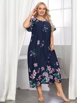 Ночное платье Unity Plus, рукава с рюшами, цветочный узор Shein, темно-синий
