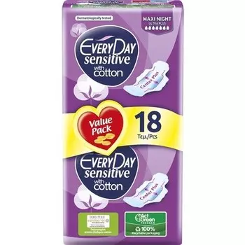 Ночные прокладки EveryDay Sensitive Cotton Ultra Absorbent с крылышками, 18 шт., 1 шт. — Упаковка из 18 шт. Everyday