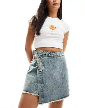 Noisy May – Мини-юбка с запахом в винтажном синем цвете и заниженной талией