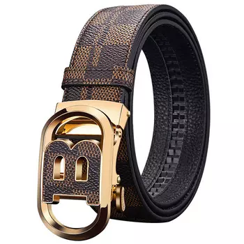 NOMK НОМК Мужской кожаный ремень, Золотая пряжка кофейного цвета + фирменная подарочная коробка