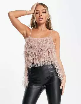 Норковое боди на бретелях с низкой спинкой с перьями ASOS LUXE