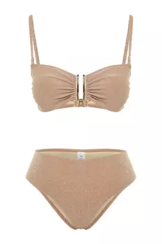 Норковые аксессуары без бретелек Блестящий комплект бикини с высокой талией и высокими штанинами Trendyol, коричневый