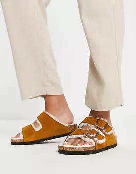 Норковые сандалии на плоской подошве Birkenstock Arizona на меховой подкладке