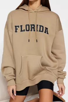 Норковый флисовый толстый внутри с принтом большого размера/широкого кроя, вязаный свитшот с капюшоном Trendyol, бежевый