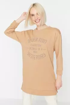 Норковый вязаный свитшот с надписью спереди и мягким пухом внутри Trendyol Modest, коричневый