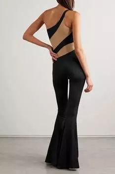 NORMA KAMALI Комбинезон на одно плечо со змеиным рисунком и сетчатыми вставками из эластичного джерси, черный