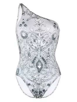 Norma Kamali купальник на одно плечо с графичным принтом, серый